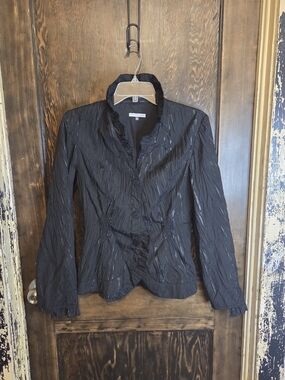 Patrice Breal Women's Black Ruffled Button-Front Jacket Blazer Steampunk Sz 38